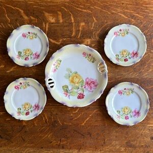 Antique art nouveau 1914 porcelain cake plate 5 piece set PK Silesia roses